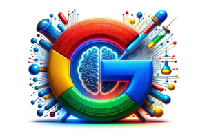 An innovative and thematic interpretation of the Google logo, focusing on an AI and clinical trials theme