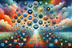 An abstract representation of the 2023 Decentralized Trials Research Alliance Summit DTRA This artwork combines elements of digital technology an