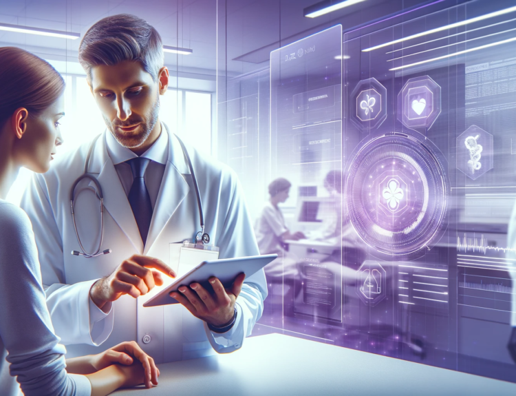 Visualize a professional, modern clinical research setting where a healthcare researcher in a white lab coat is facing a patient discussing eCOA.