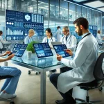 A-modern-medical-setting-with-a-few-healthcare-professionals-using-digital-devices-Include-one-or-two-doctors-or-nurses-interacting-with-tablets-and-