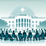 A simple clean image representing a medical conference at the White House The scene should include silhouettes of diverse professionals in discussio