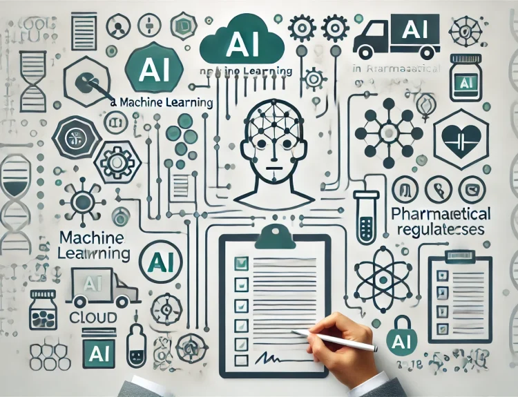 A clean and modern illustration depicting the use of AI and machine learning in pharmaceutical regulatory processes Include symbols or icons such as