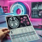 A modern medical office scene with an MRI scan displayed on a screen. In the foreground, there is a desk with a paper prominently showing financial da