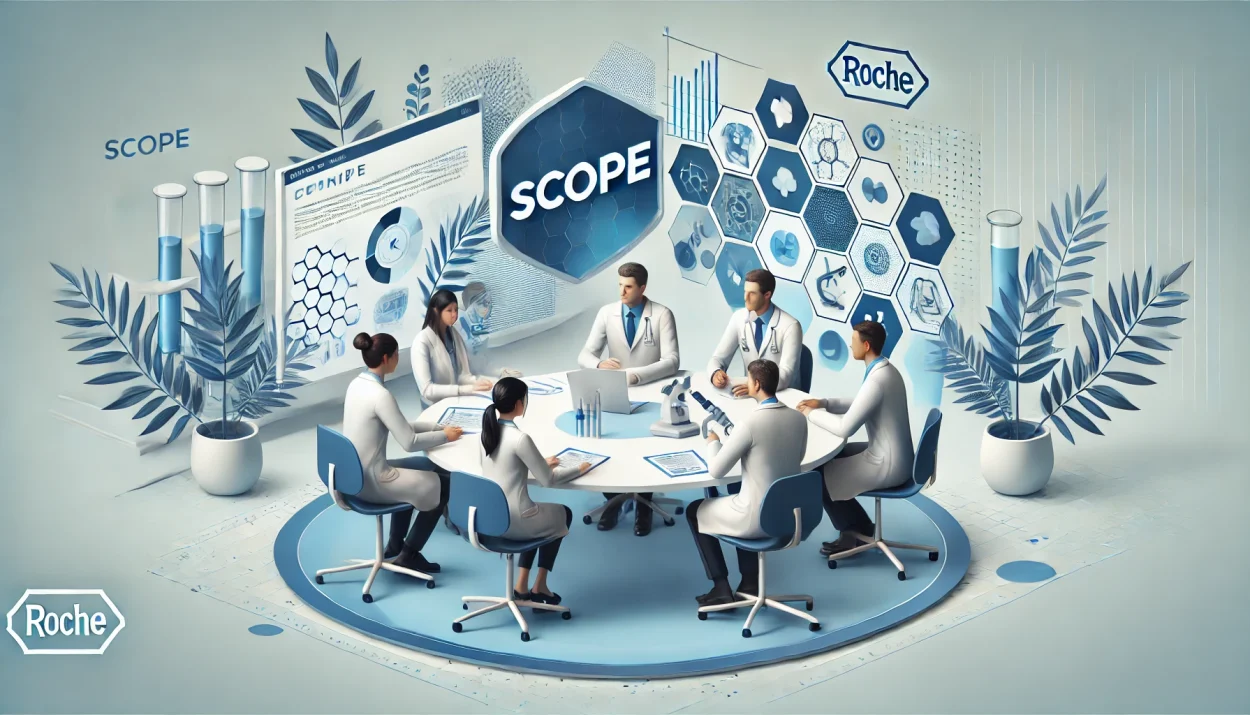 A professional medical setting with a small diverse group of clinical researchers in lab coats discussing around a table. The background incorporates