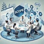 A professional medical setting with a small diverse group of clinical researchers in lab coats discussing around a table. The background incorporates