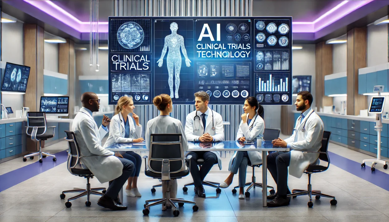 A modern, professional medical setting featuring diverse healthcare professionals discussing clinical trials technology. The team appears engaged in c
