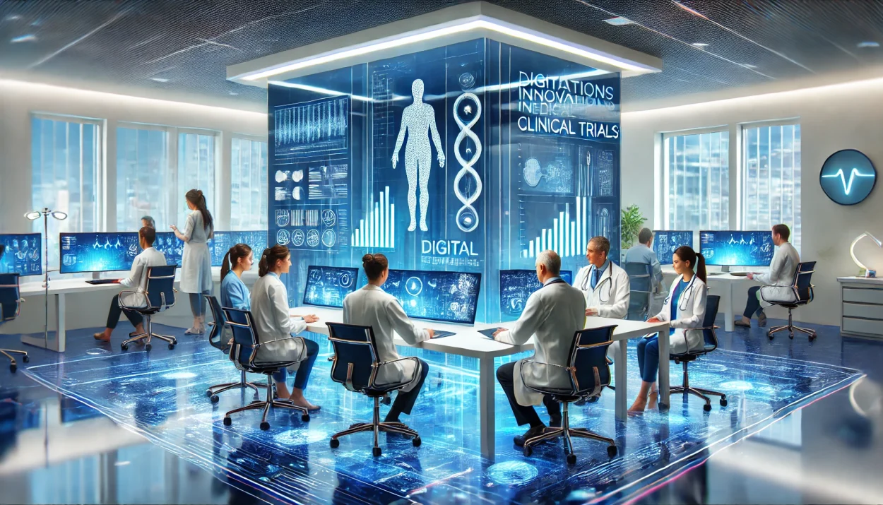 A modern clinical setting featuring real-looking people collaborating on digital medical technology. The scene includes doctors, researchers, and data