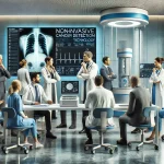 A medical setting featuring realistic-looking people collaborating on advanced medical technology. A group of diverse healthcare professionals (includ