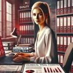 A hyper-realistic image of a blonde woman working on regulatory tasks in clinical trials, set in a professional office environment. She is looking con