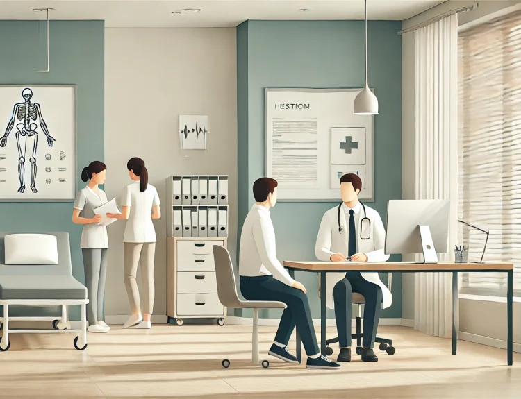 A modern and simple medical office with a clean and professional design. A doctor and a patient are having a consultation at a desk with a computer, w
