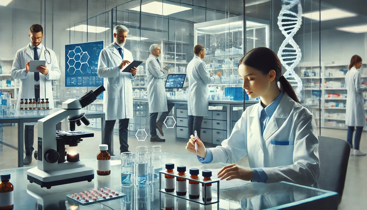 A modern medical research laboratory with a clean, bright setting. A diverse group of scientists and doctors in lab coats are engaged in pharmaceutica