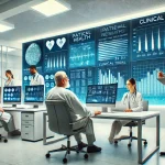 A modern medical research setting with a focus on patient data and technology. The image shows a clinical trial environment with doctors and researche