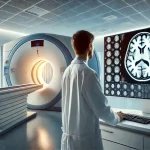 A modern medical imaging room in a clinical trial setting. A radiologist in a white lab coat is analyzing a brain scan on a high-resolution monitor. A