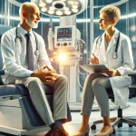 A modern medical setting featuring a doctor and a patient in discussion. The doctor, wearing a white coat and a stethoscope, is attentively listening