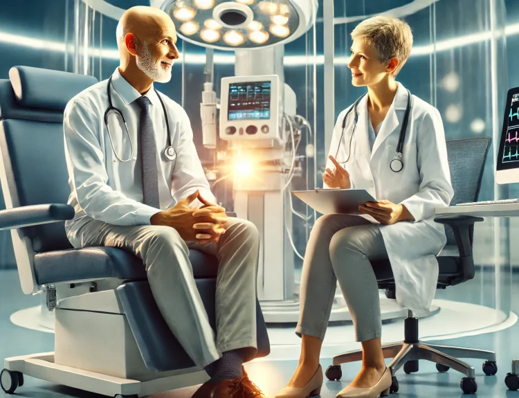 A modern medical setting featuring a doctor and a patient in discussion. The doctor, wearing a white coat and a stethoscope, is attentively listening