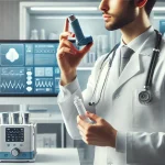 A modern medical setting with a healthcare professional in a lab coat, examining an inhaler device. The background includes medical equipment and moni