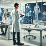 A modern clinical research facility with medical professionals collaborating in a high-tech environment. In the foreground, a doctor in a white lab co