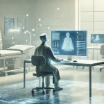 A simple, clean medical setting with a researcher analyzing data on a computer screen. The environment is modern and minimalistic, with soft lighting