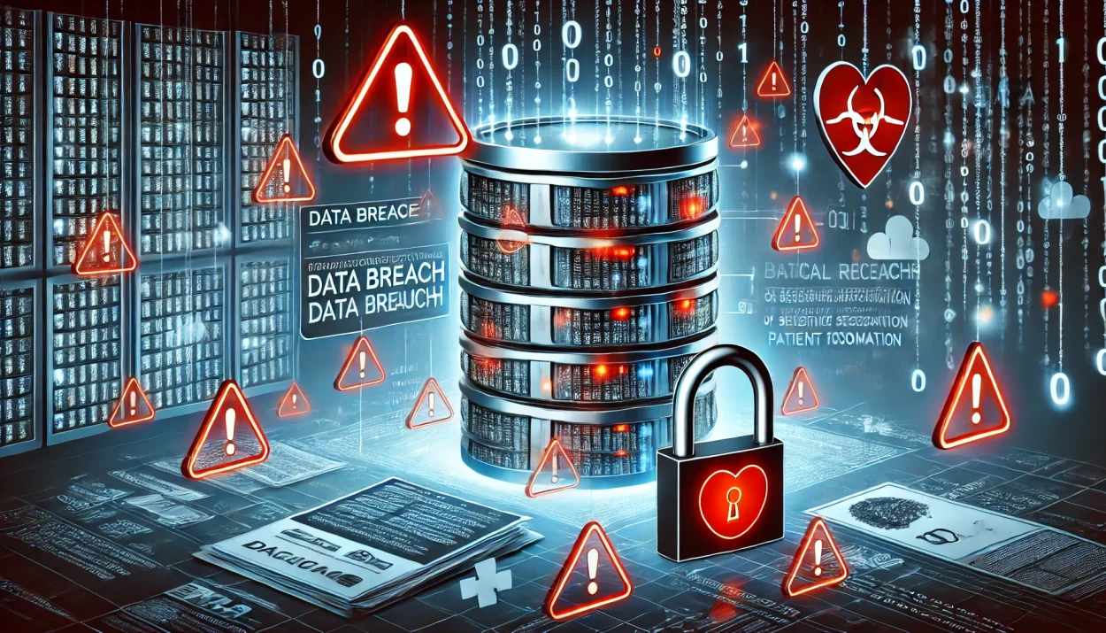 A cybersecurity-themed digital illustration depicting a large, semi-transparent database with glowing red warning signs. In the foreground, a computer