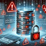 A cybersecurity-themed digital illustration depicting a large, semi-transparent database with glowing red warning signs. In the foreground, a computer