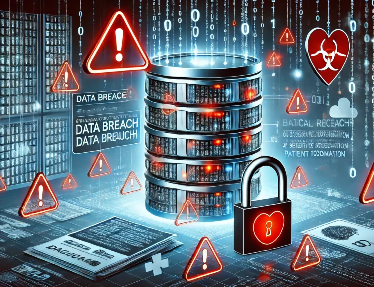 A cybersecurity-themed digital illustration depicting a large, semi-transparent database with glowing red warning signs. In the foreground, a computer