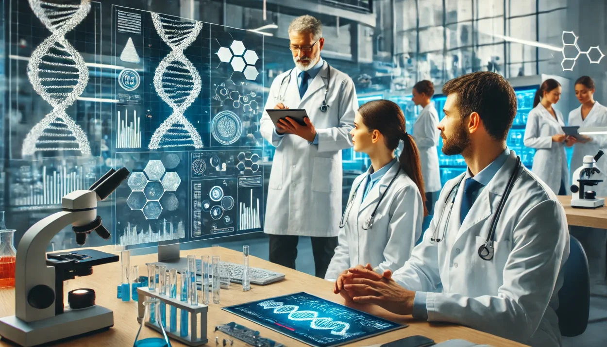 A modern medical research setting with a team of scientists and doctors in white lab coats discussing data on a tablet and computer screen. In the bac