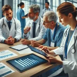 A modern clinical trial setting with a diverse group of medical professionals collaborating. A doctor is reviewing real-world data on a tablet while a