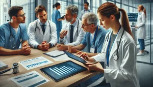 A modern clinical trial setting with a diverse group of medical professionals collaborating. A doctor is reviewing real-world data on a tablet while a
