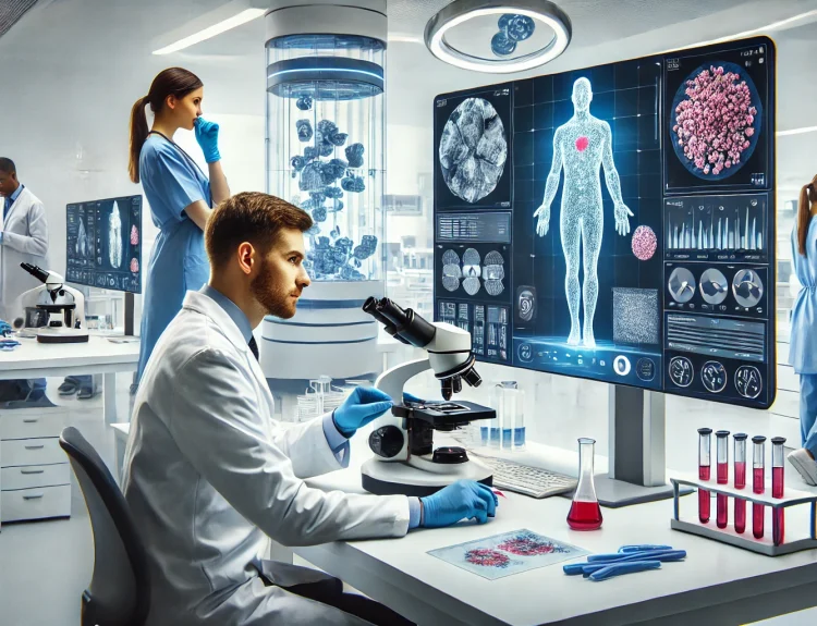 A modern medical laboratory with a team of professionals working together. A male doctor in a white lab coat is examining digital pathology slides on