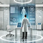 A futuristic but realistic medical environment focused on clinical trials. The scene shows a healthcare professional in a white lab coat analyzing pat
