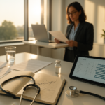Medical office scene: a desk with a stethoscope on an open notebook, a tablet showing charts, papers, and a standing woman in a blazer reviewing documents by a window.