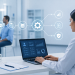 Scientist in a lab coat types on a laptop with floating workflow icons (gear, charts, documents) illustrating a digital process.