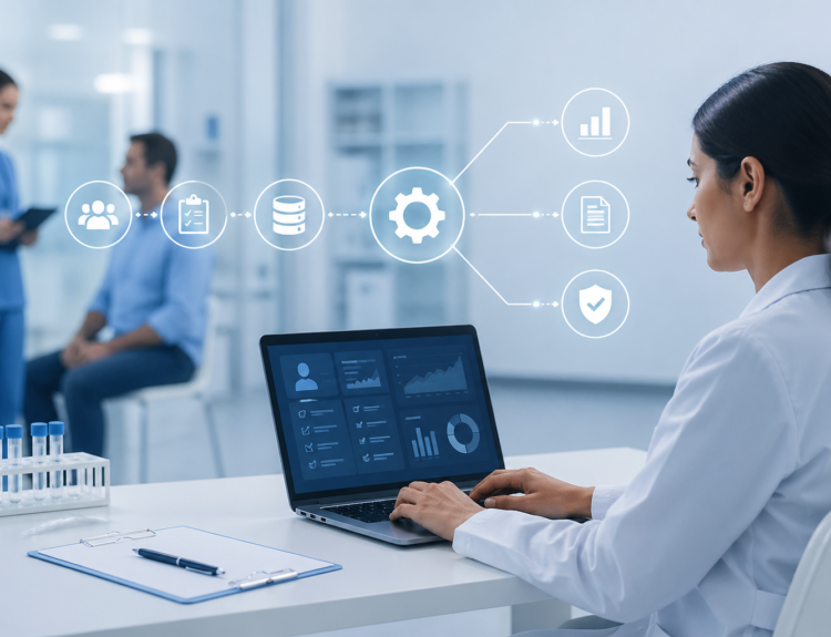 Scientist in a lab coat types on a laptop with floating workflow icons (gear, charts, documents) illustrating a digital process.