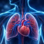 3D illustration of the chest showing the heart and branching blood vessels inside transparent lungs in red and blue hues