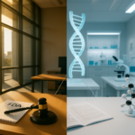 Split image: left a sunlit conference room with a gavel and an FDA document on a desk; right a modern lab with DNA helixes and a microscope.