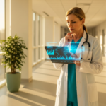 Female doctor in a white coat and teal scrubs examines a holographic data dashboard projected from a tablet in a bright hospital corridor.