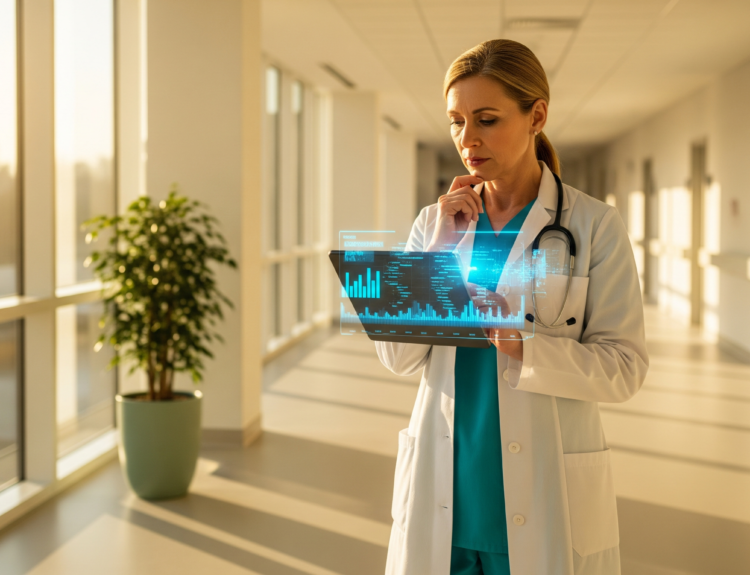 Female doctor in a white coat and teal scrubs examines a holographic data dashboard projected from a tablet in a bright hospital corridor.