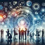 Professionals in business attire stand and discuss around a glowing futuristic circular interface with holographic tech graphics overhead.