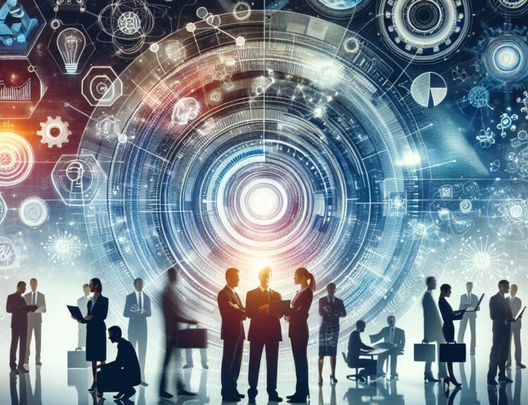 Professionals in business attire stand and discuss around a glowing futuristic circular interface with holographic tech graphics overhead.