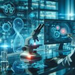 High-tech lab scene with a microscope and holographic medical data displays showing brain imagery and DNA strands.