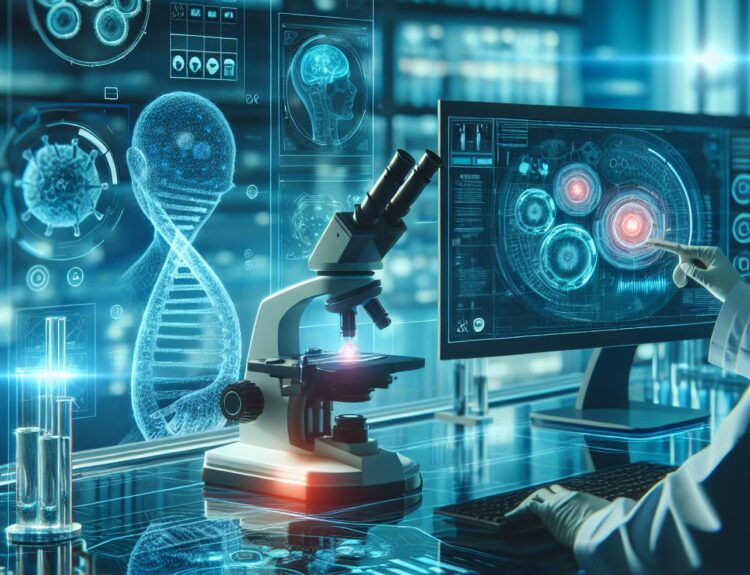 High-tech lab scene with a microscope and holographic medical data displays showing brain imagery and DNA strands.
