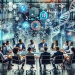 Diverse team in a futuristic biotech briefing with holographic data and DNA imagery.