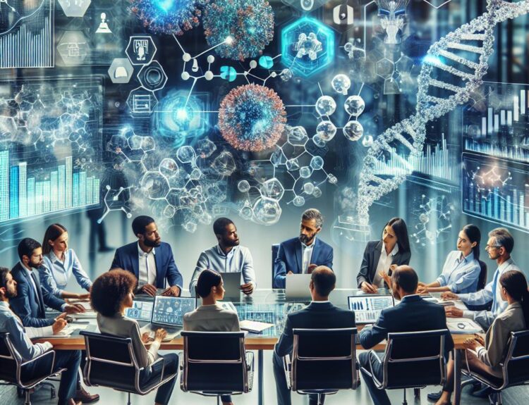 Diverse team in a futuristic biotech briefing with holographic data and DNA imagery.