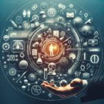 Central glowing human silhouette inside a circular, high-tech interface with medical icons; a hand supports the scene.