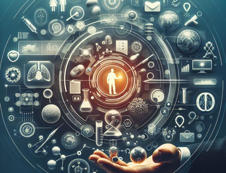 Central glowing human silhouette inside a circular, high-tech interface with medical icons; a hand supports the scene.