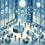 Futuristic lab with people at computer desks, a circular central display, and glowing light bulbs symbolizing ideas above interconnected diagrams.