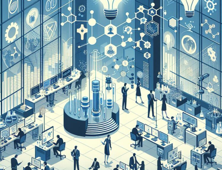 Futuristic lab with people at computer desks, a circular central display, and glowing light bulbs symbolizing ideas above interconnected diagrams.