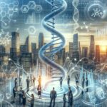 Futuristic biotech meeting around a glowing circular platform with a large DNA helix over a city skyline, implying collaboration in genetics.