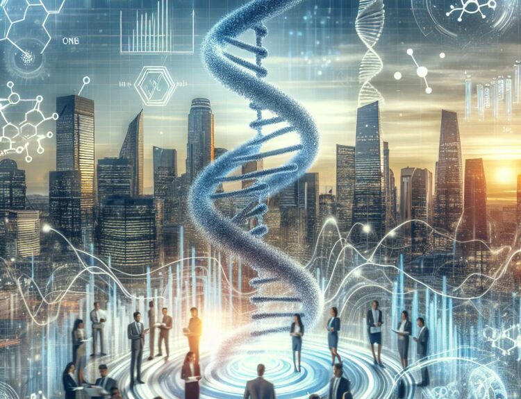 Futuristic biotech meeting around a glowing circular platform with a large DNA helix over a city skyline, implying collaboration in genetics.