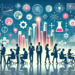 Silhouetted professionals in a futuristic office, with floating science icons and graphs overhead, suggesting collaboration and innovation.